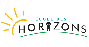 Logo de l'école des Horizons représenté par un soleil jaune, une ligne d'horizon courbé vert et un enfant les mains dans les aires au centre qui remplace le i